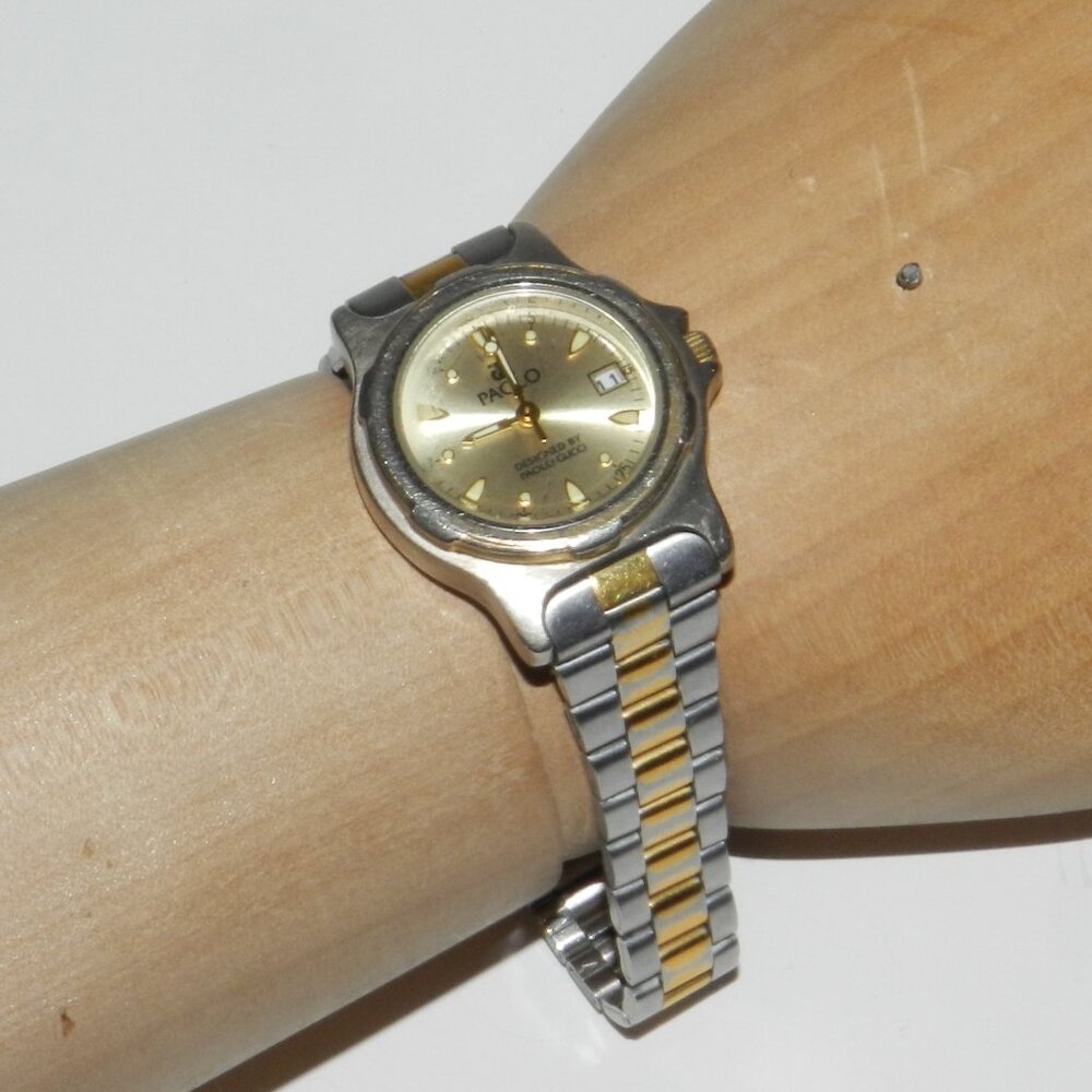 Vtg PAOLO GUCCI Women’s Crystal Detail Quartz Bracelet Watch LPG-153 Gold Tone